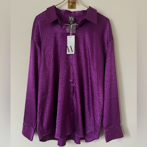 Worthington Tops - Women's RETRO Purple Leopard Print satin cocktail Button Down Shirt XXL NWT